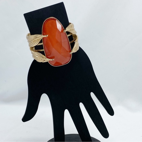 Vintage Gold Leaf Clamper Cuff Bracelet Orange Sparkle Stone - Picture 1 of 7